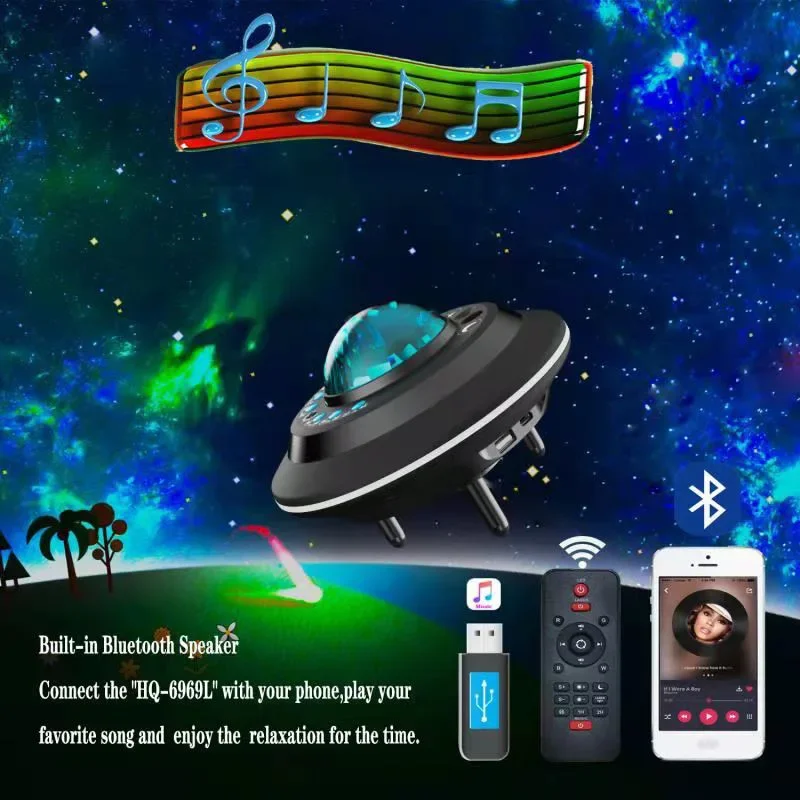 Portable UFO LED Starry Sky Moon Projector USB Player Light Bluetooth Speaker Home Atmosphere Lamp Stage Remote Control Audio