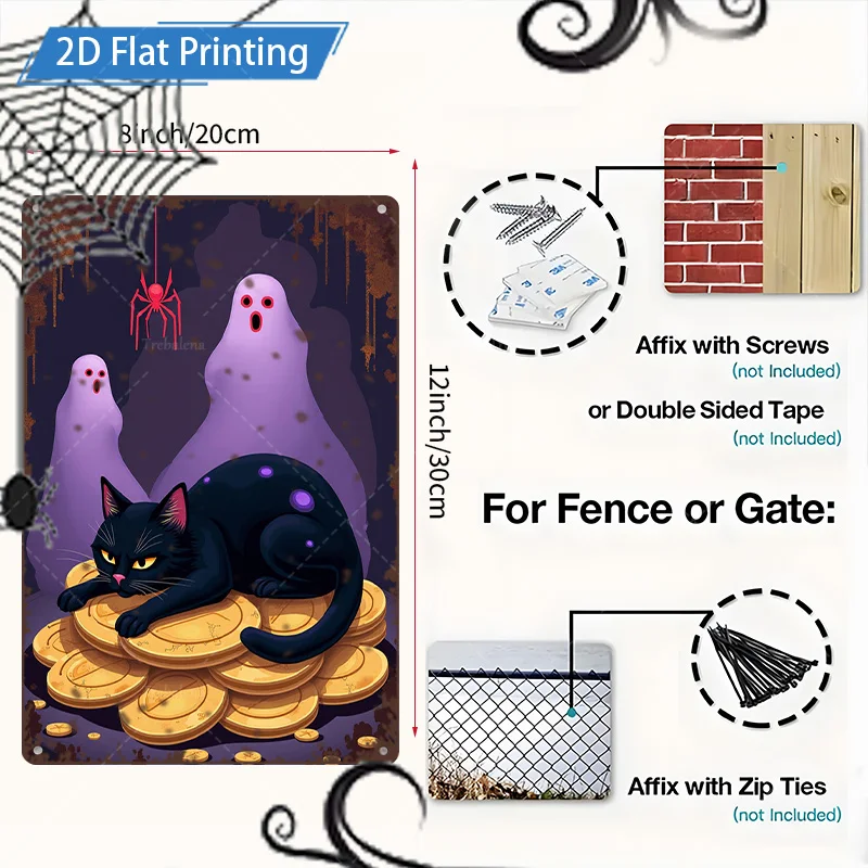 1 قطعة 8x12 بوصة علامة معدنية للهالوين القط الأسود والأشباح على العملات الذهبية المعدنية جدار ديكور فني #2