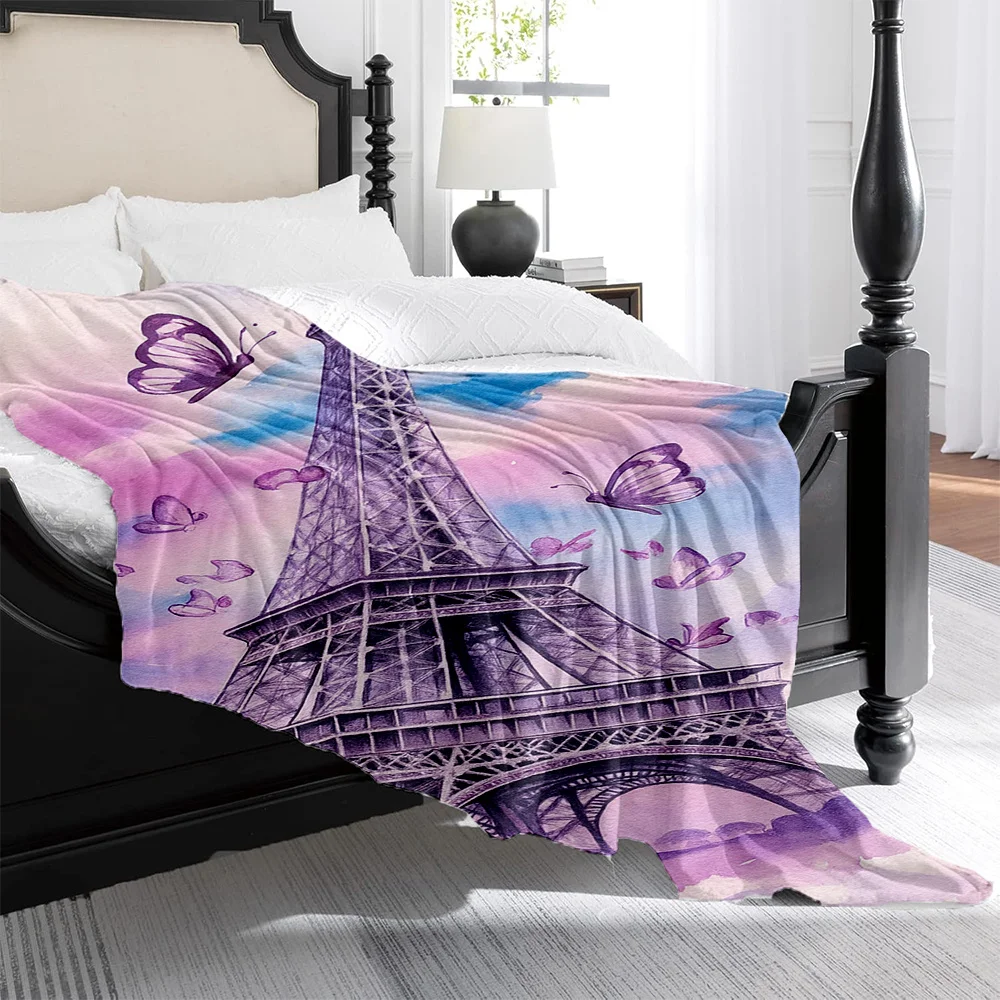 1pc Romantic Paris Eiffel Tower & Purple Butterfly Print Flannel Blanket - High-Weight Soft Warmth, Light -Friendly All-Season