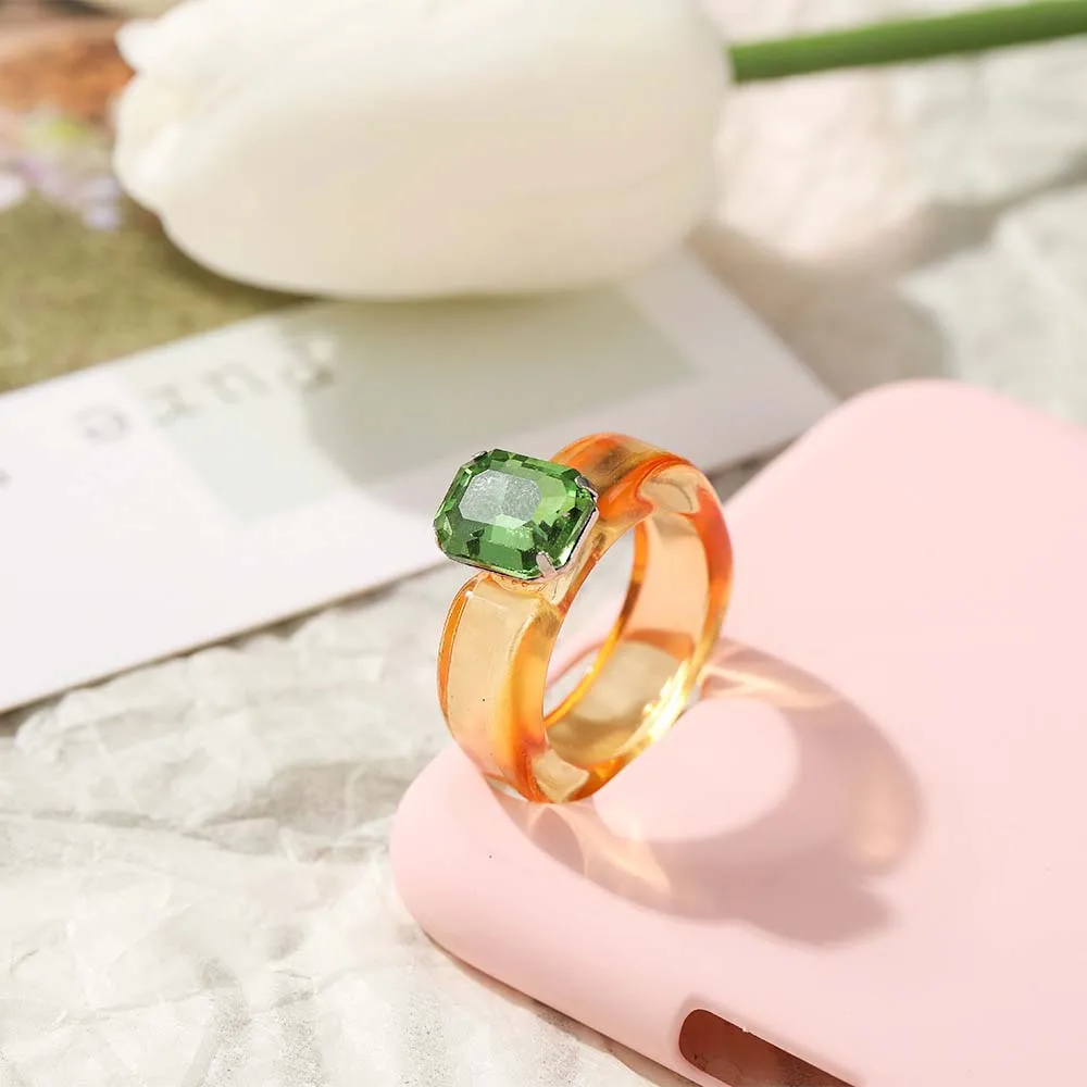 Vintage Geometric Rhinestone Cool Acrylic Jelly Color Resin Rings Transparent Finger Ring Fashion Jewelry