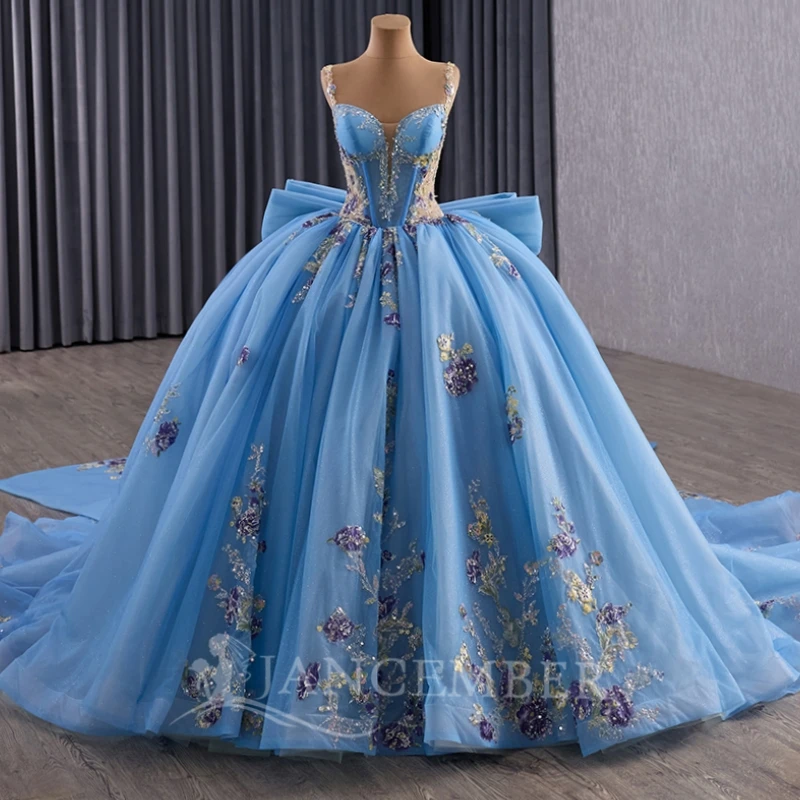 Light Blue Ball Gown Quinceanera Dresses Off The Shoulder Sequin Applique Lace Beads Bow Tull Party Birthday Sweet 16 Dress Vest