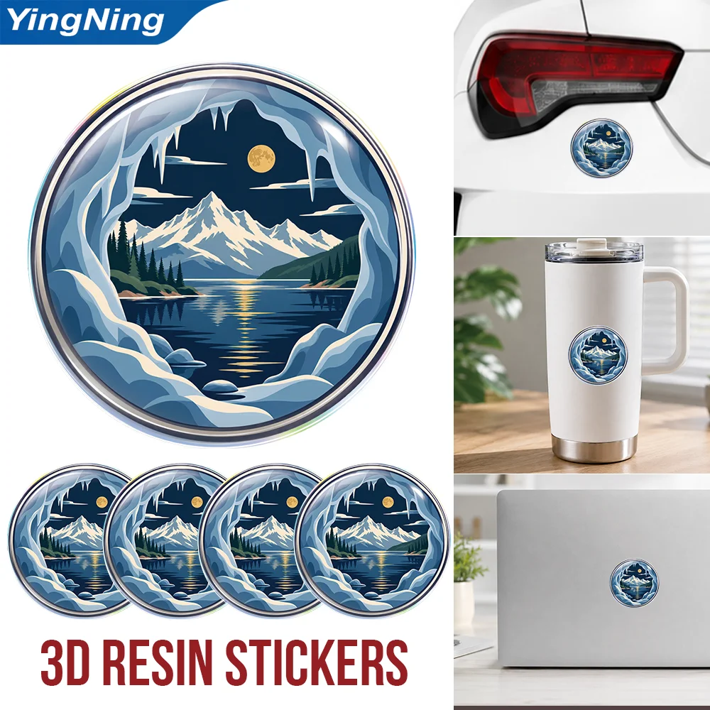 Moonlit Ice Cave Snow Mountain Lake View 3D Epoxy Resin Round Stickers Waterproof Glossy Decals for Car Laptop Cup Water Bottle