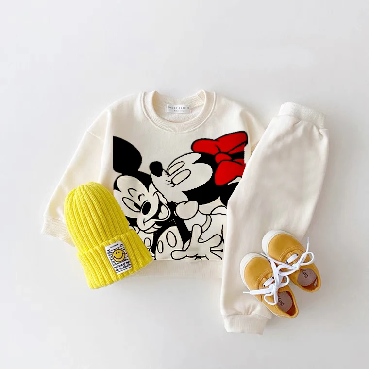 Bluzy z kapturem Disney Baby Unisex zestawy dwuczęściowe nadruk kreskówkowy bluzki z długim rękawem + spodnie garnitur dla małych chłopców bluzy w stylu Casual stroje