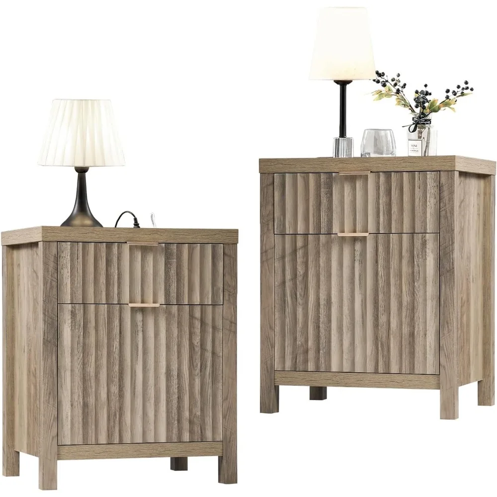 2 Drawer Nightstand, End Table with Charging Station, Night Stand with Fluted Panel, Farmhouse Sofa/Bed Side Table Set