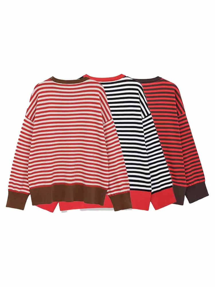 HH امرأة أوائل الربيع أزياء فضفاضة طويلة الأكمام جولة الرقبة مخطط الديكور قميص الإناث عارضة تنوعا الشارع نمط قمم