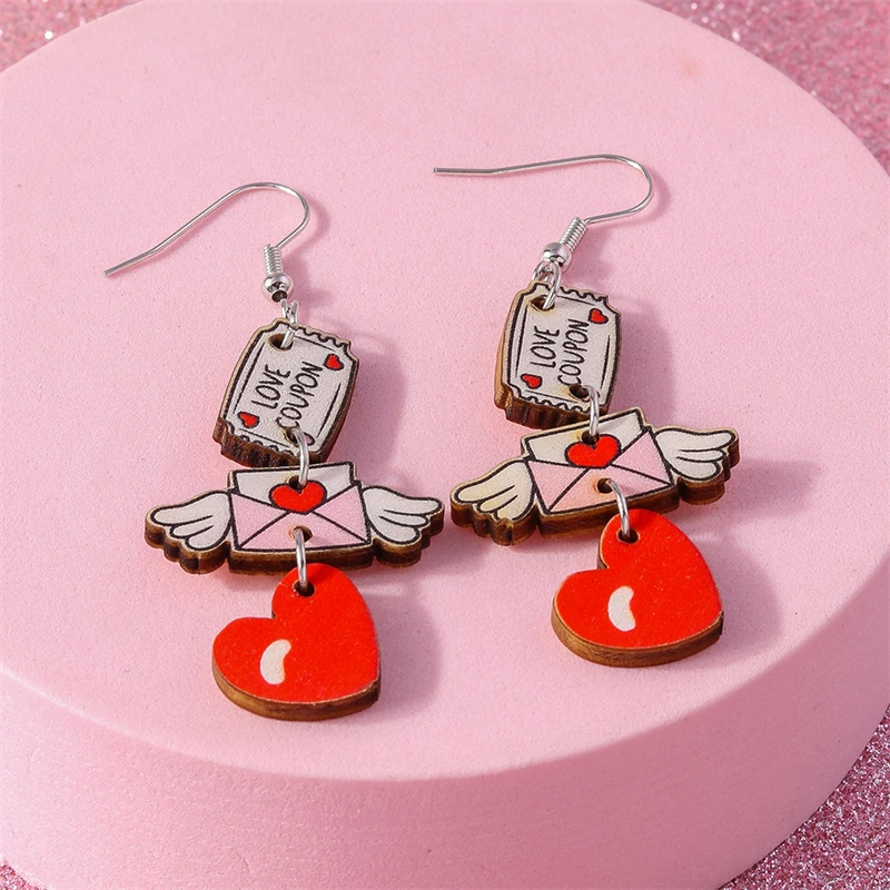 Niedliche Holz-Liebesumschlag-Ohrringe für Frauen und Mädchen, Party- und Festivalschmuck, Dekoration – Detail 4