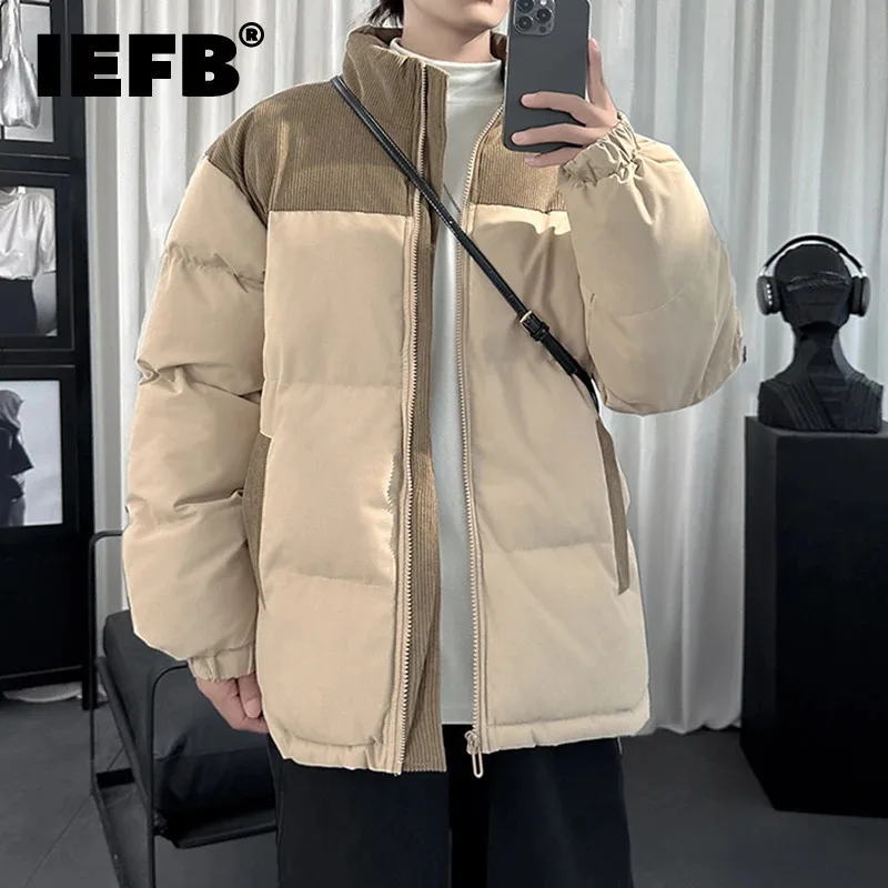 IEFB Korean Style Men's Padded Jackets Contrast Color Patchwork New Winter Stand Collar Fashion Male Coats Menswear 2024 9C8500