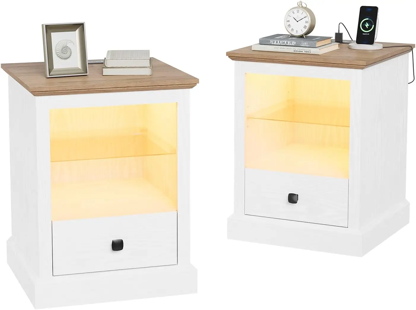

White Nightstand Set Of 2, End Table With Led Lights/Charging Station/Adjustable Shelf, Storage End Table With Drawer, Bedroom
