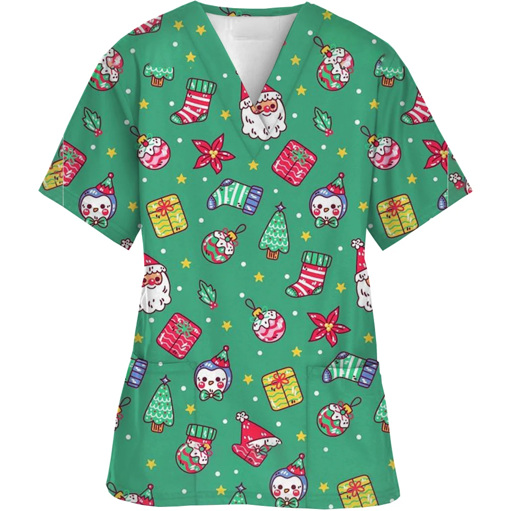 Nurse Uniforms Women Merry Christmas Print Short Sleeve V-Neck Scrubs Working Medical Blouse Overalls Uniforms Medical Nursing