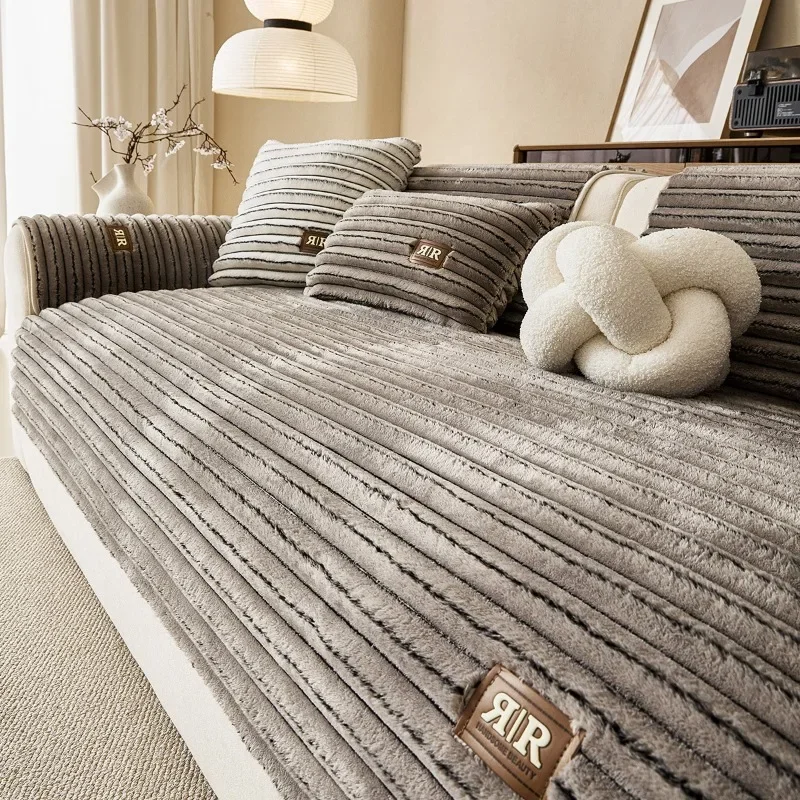 Flannel Fleece Sofa Cover All Season Wear Resist Non Slip Couch Slipcover Plush Anti Skid Mat Decor for Living Room Furn Protect