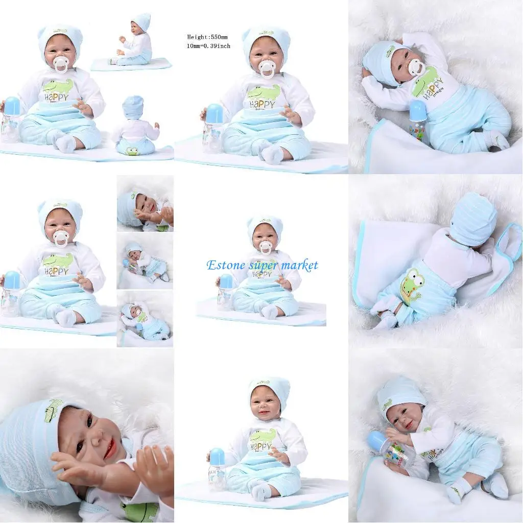 

090B 55cm Silicon Vinyl Boy for Doll for Crocodile Pattern Clothes Blue Hat Blanket N