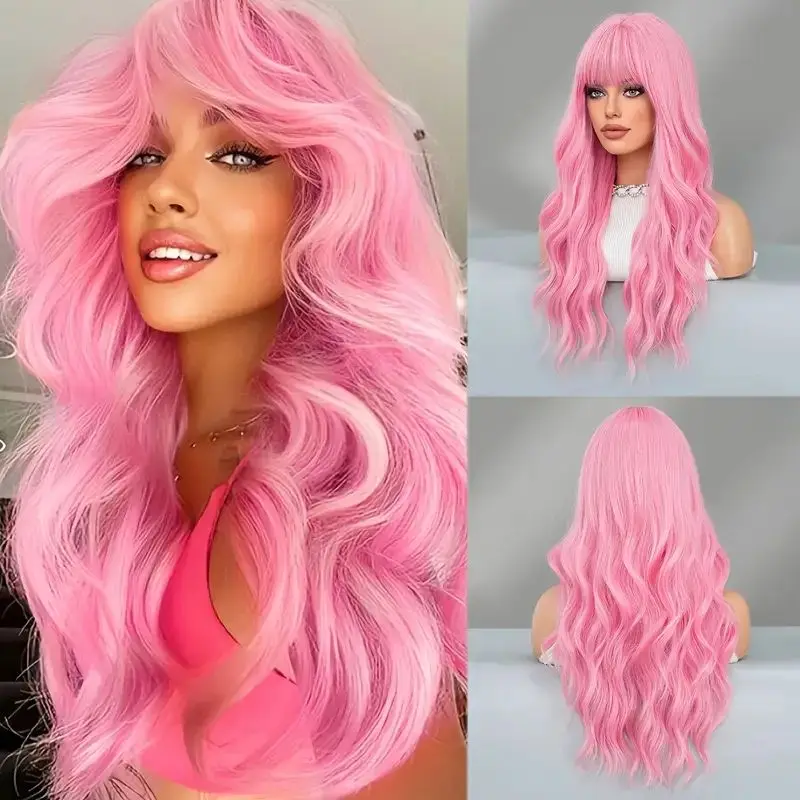 

Pink Long Curly Hair Synthetic Wig, Full Head Of Wig, Suitable For Parties And Daily Use, High-Temperature Resistant Hair Wig