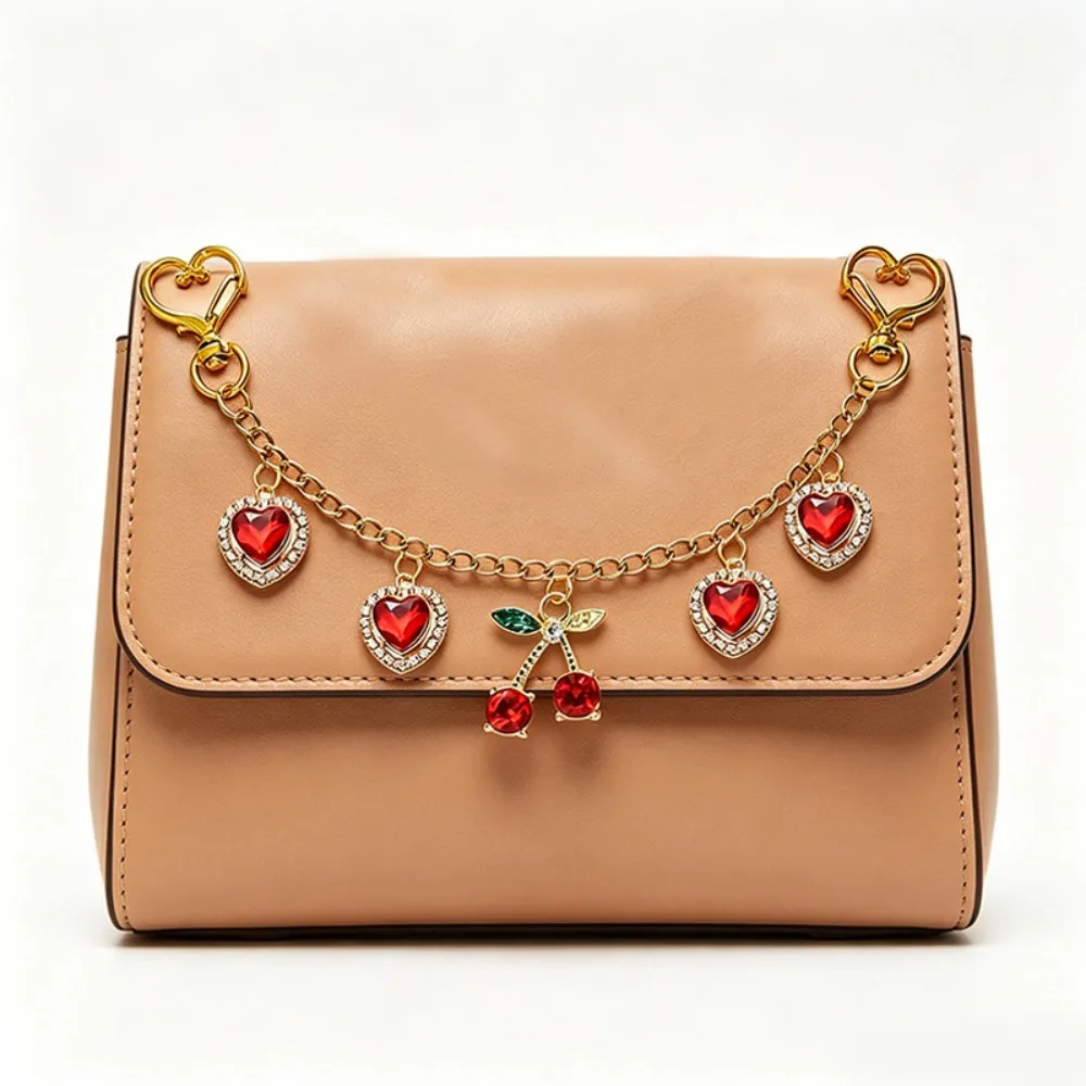 Fashion Alloy Bag Charm Cherry Heart Shape Glass Stone Inlaid Bag Pendant Bag Hanging Decor Girl Gift
