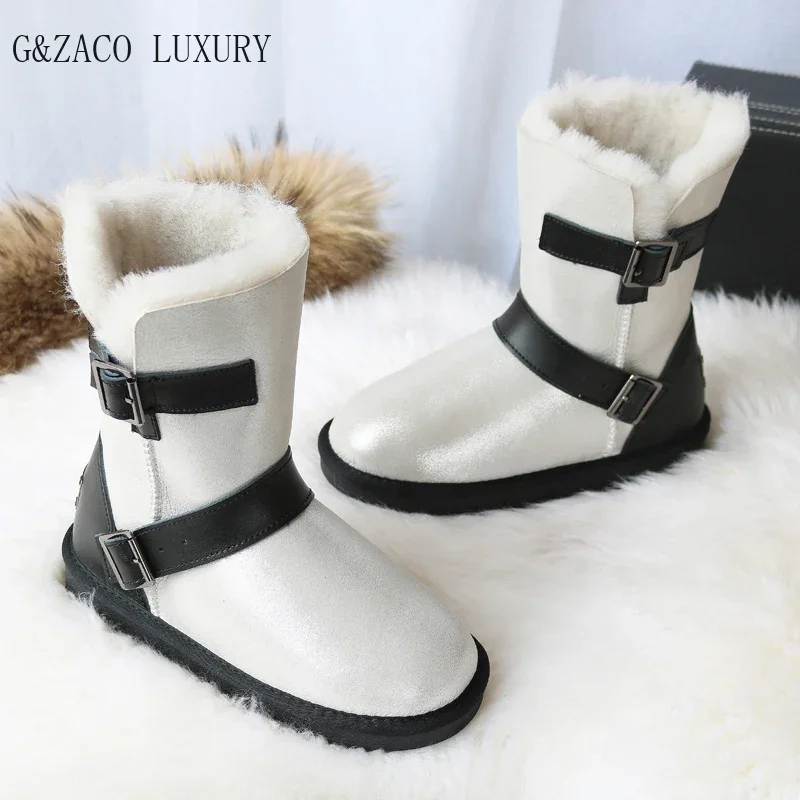 G&Zaco Luxury Winter Sheepskin Snow Boots shearling Fur Boots Women Wool Boots Buckle Sheep Genuine Leather Female Calf Boots