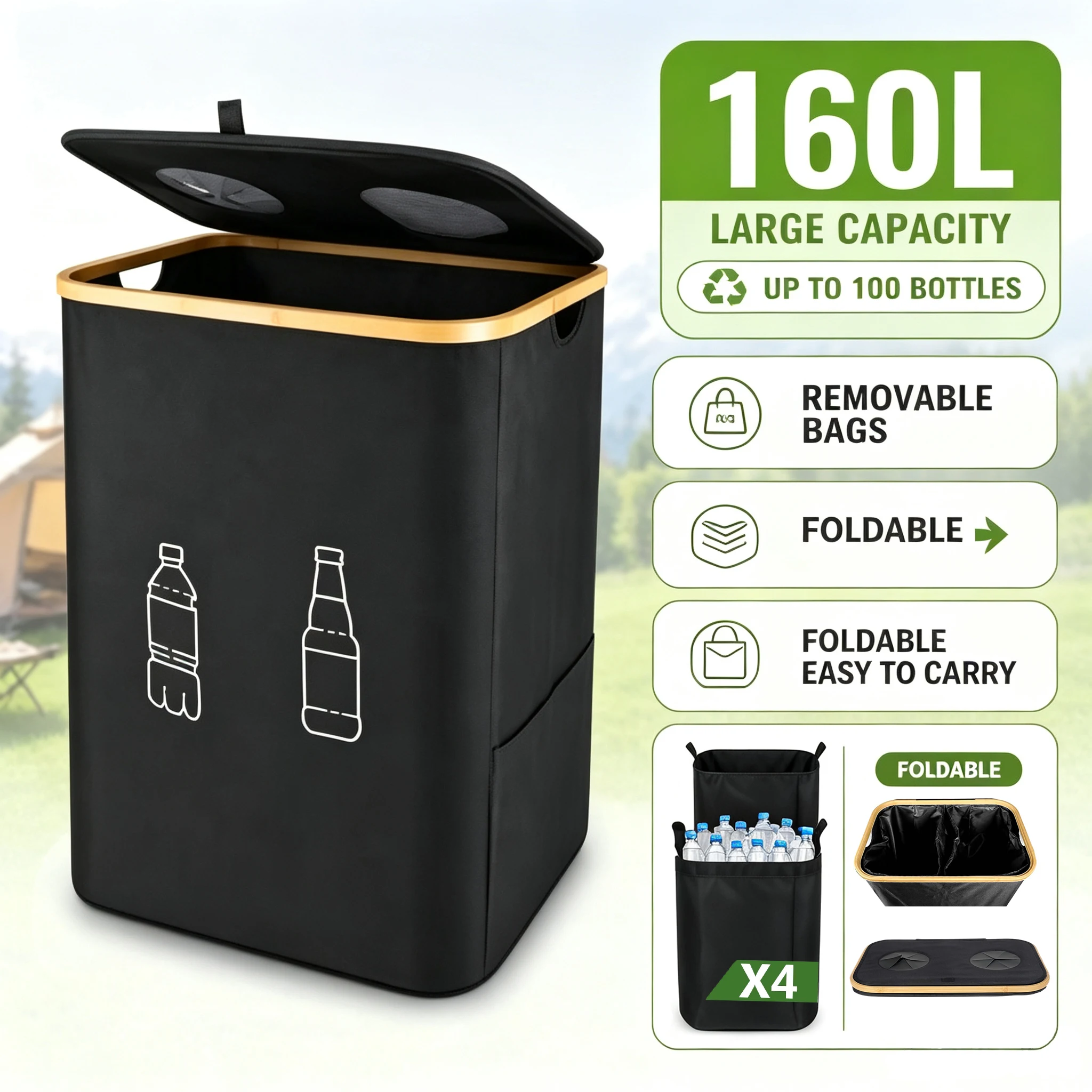 Poubelle de recyclage pliable 105L/160L, grande capacité, avec couvercle auto-scellant en silicone anti-odeur, sac intérieur amovible et lavable en tissu Oxford 600D pour le stockage de bouteilles en plastique, en verre et en conserve