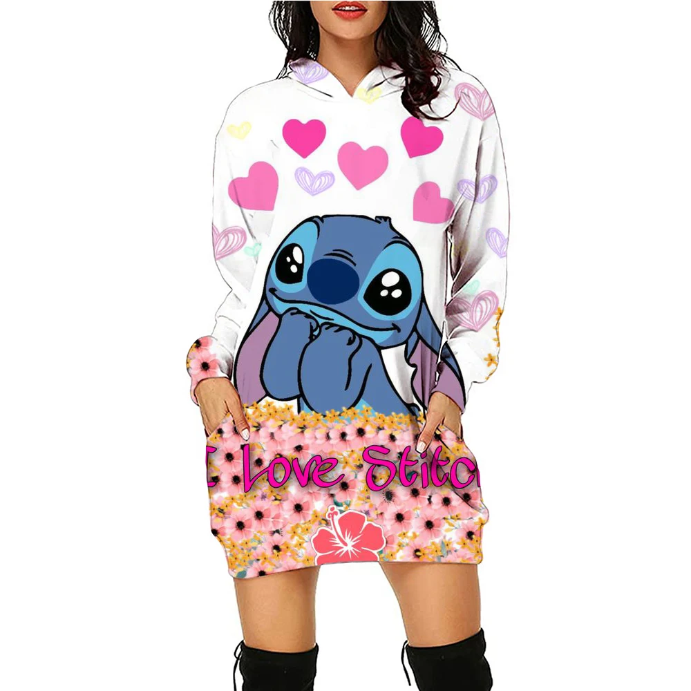 Kawaii Disney Stitch Damen Hoodies Kleid Damen Mode Freizeit S-3XL Jugendliche Frau Kleidung Schöner schwarzer Hoodie Winter Y2k