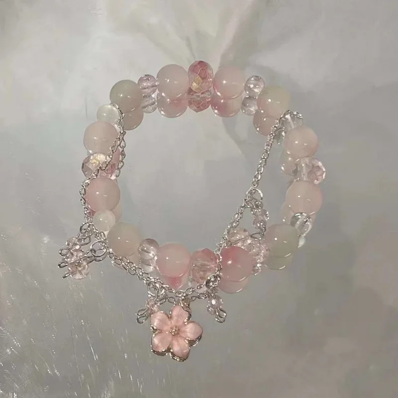 Fashionable And Exquisite New Pink Peach Blossom Beaded Fashion Tassel Bracelet For Sweet Temperament Ladies Jewelry Gift