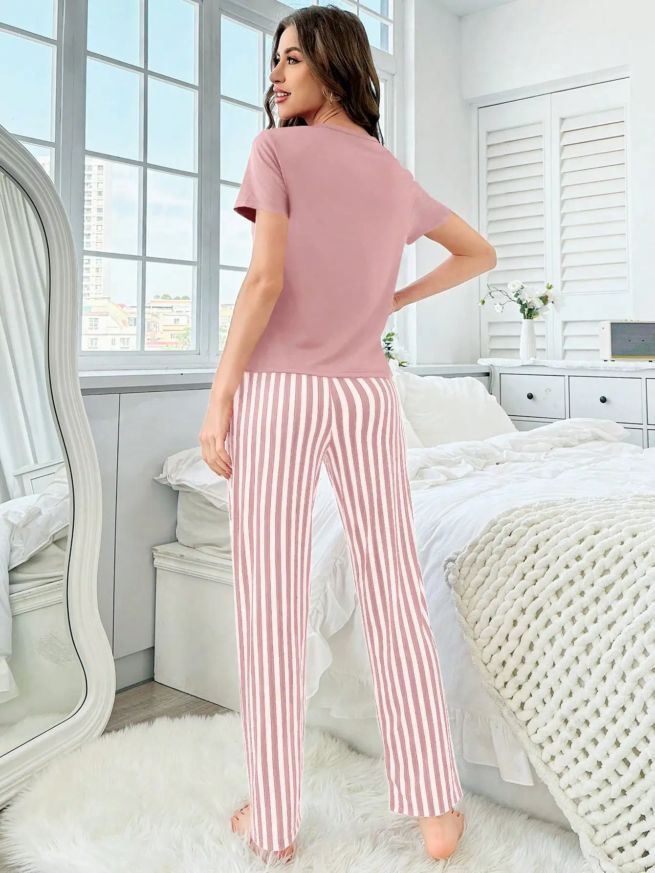 Women\'s pajamas new style love short sleeve striped pants two-piece elegant casual home outfit