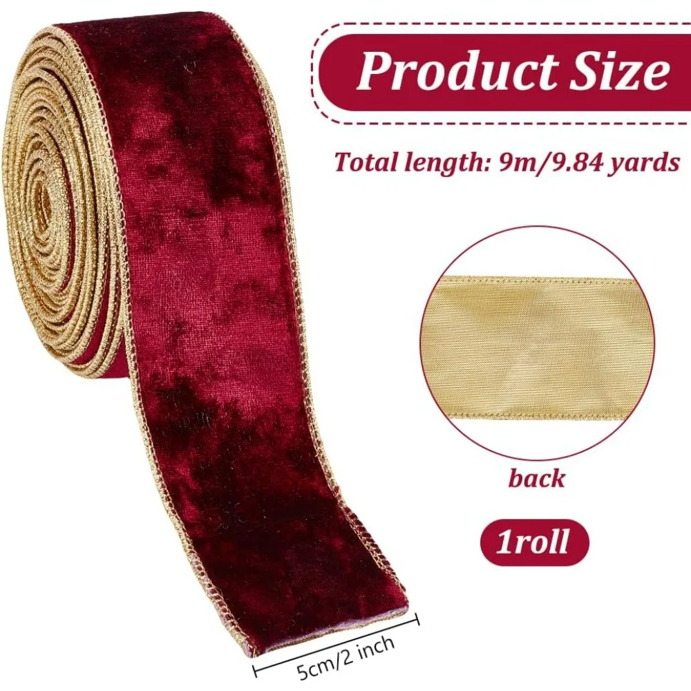 9.8 Yards Dark Red Velvet Wired Ribbon 2 inch Wide Velvet Ribbon Single Sided Velvet Fabric Ribbon Trim Gold Edged making kit