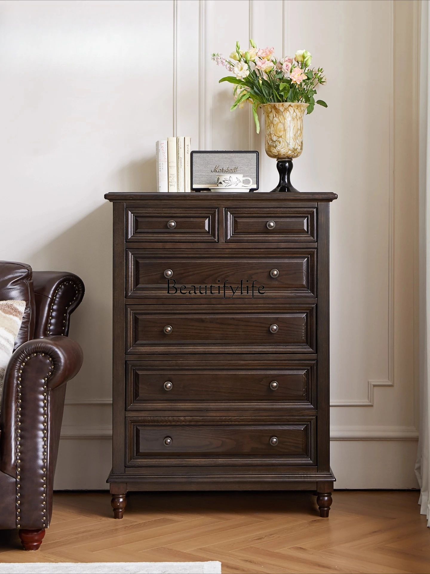 

Pure log American retro all solid wood six-chest cabinet, storage drawer storage black walnut