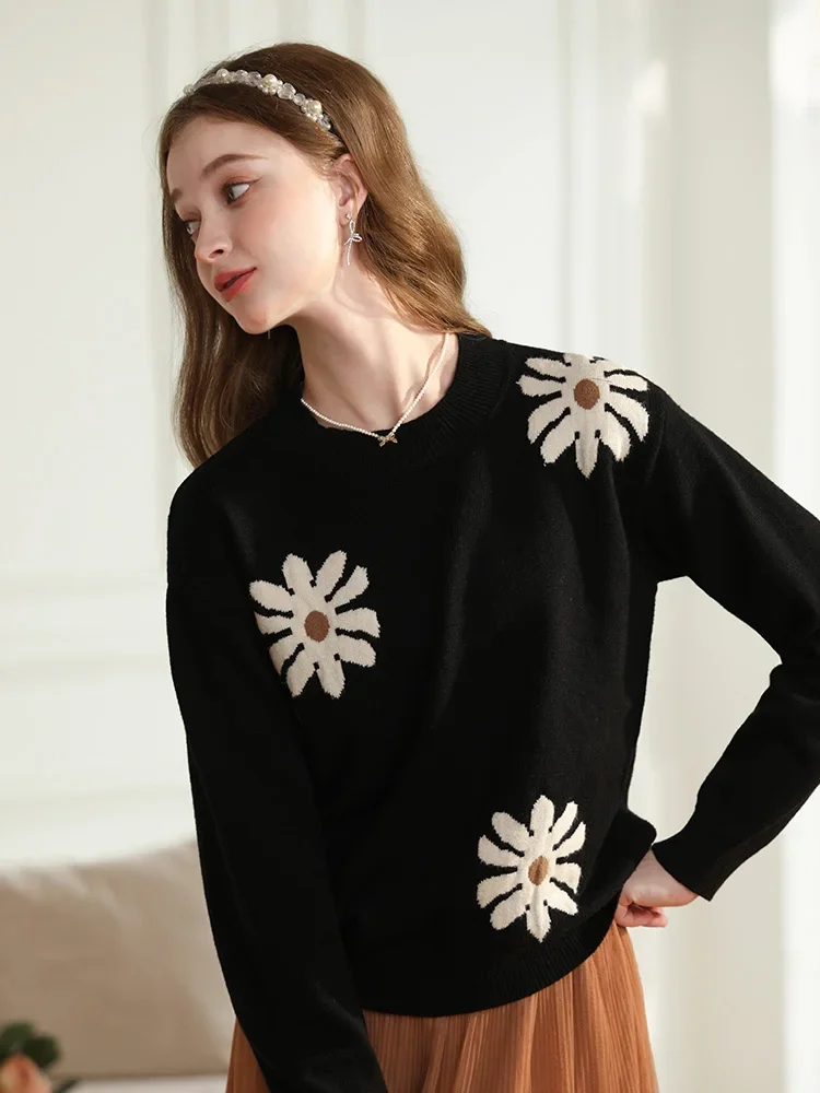 I BELIEVE YOU Small Black Daisy Sweater For Women 2023 Knitted Tops Lazy Loose Soft Winter New Comfy Fleece Jumper 2234125285