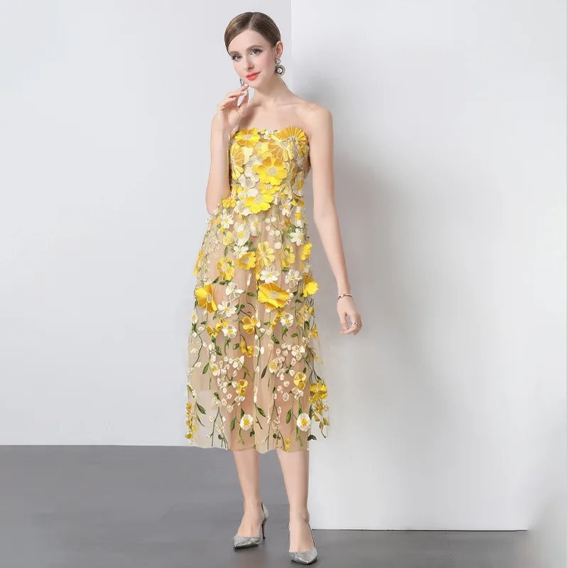 Ele Summer Women's Dr Embroidered 3D Floral Heavy Work Slimming Waistline Strapl Gown Chinese Faion Thiened Me