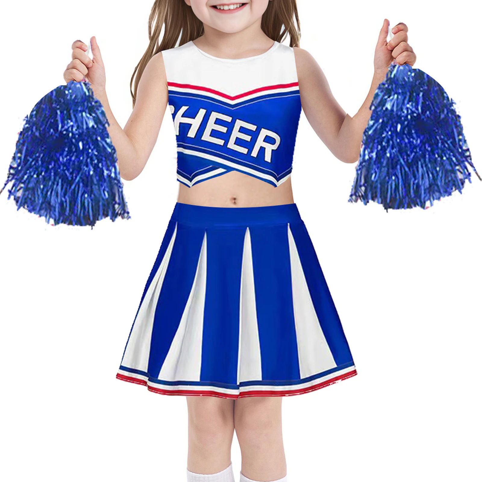 

Youthful School Girls Cheerleading Uniform Dance Cheering Outfit Sleeveless Crop Top with Pleated Skirt And Flower Balls Set