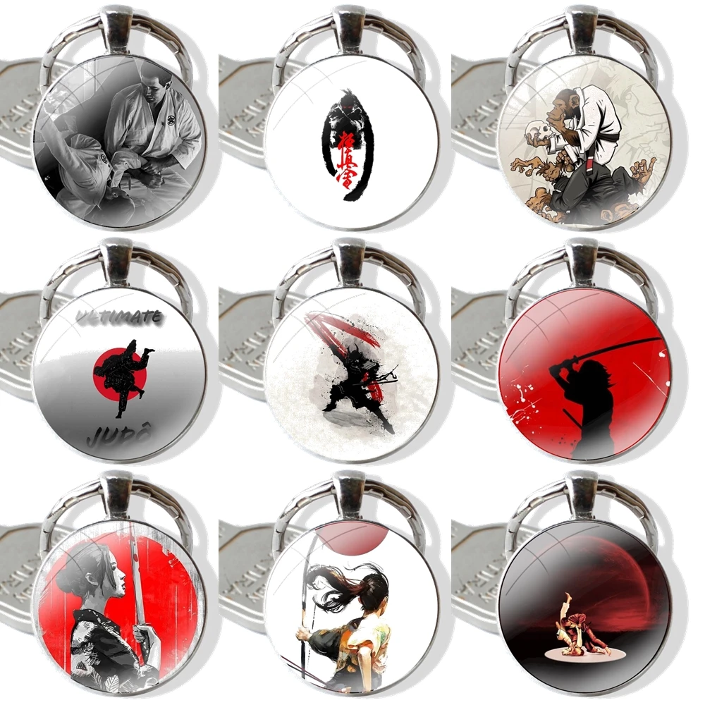 Janpan Judo 25mm Glass Cabohcon Keychain Key Rings for Women Men Jewelry Gift