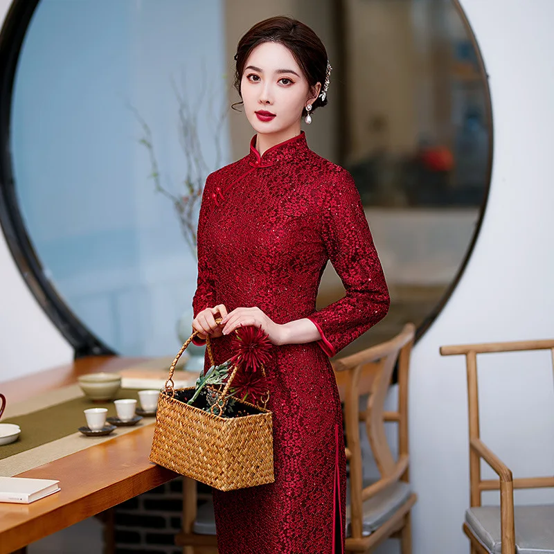 

Cheongsam Engagement Printing High-End Tang Suit Banquet Clothes Modified Elegant Artistic Sheath Evening Dress New Catwalk