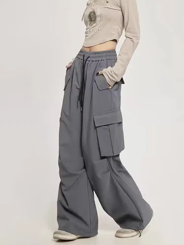Pantalones de trabajo informales con Bolsillo grande vintage para mujer, pantalones de pierna ancha con cordón y cordón, talla grande, primavera y verano