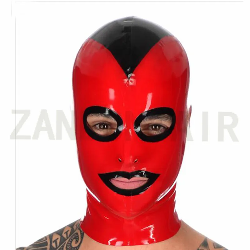 Mysterious Sexy Lingerie Handmade Unisex Men Latex Red Face Back Zipper Spliced Black Customize Size Hoods Mask Fetish Uniform