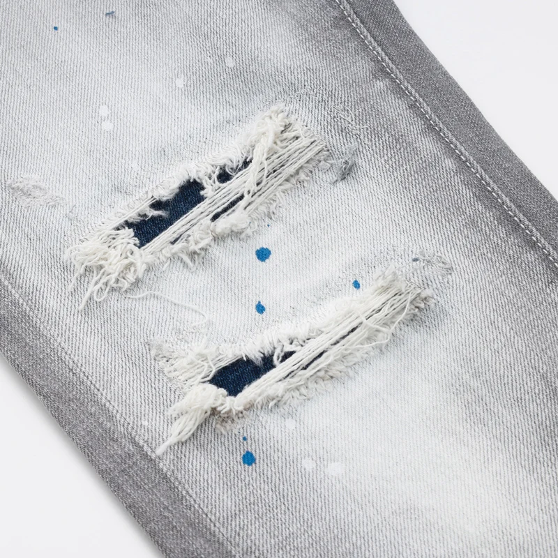 Fashionable Y2Kmen's jeans with pleated paint, dotted holes, washed nostalgic stretch, slim fit, light gray jeans, high street