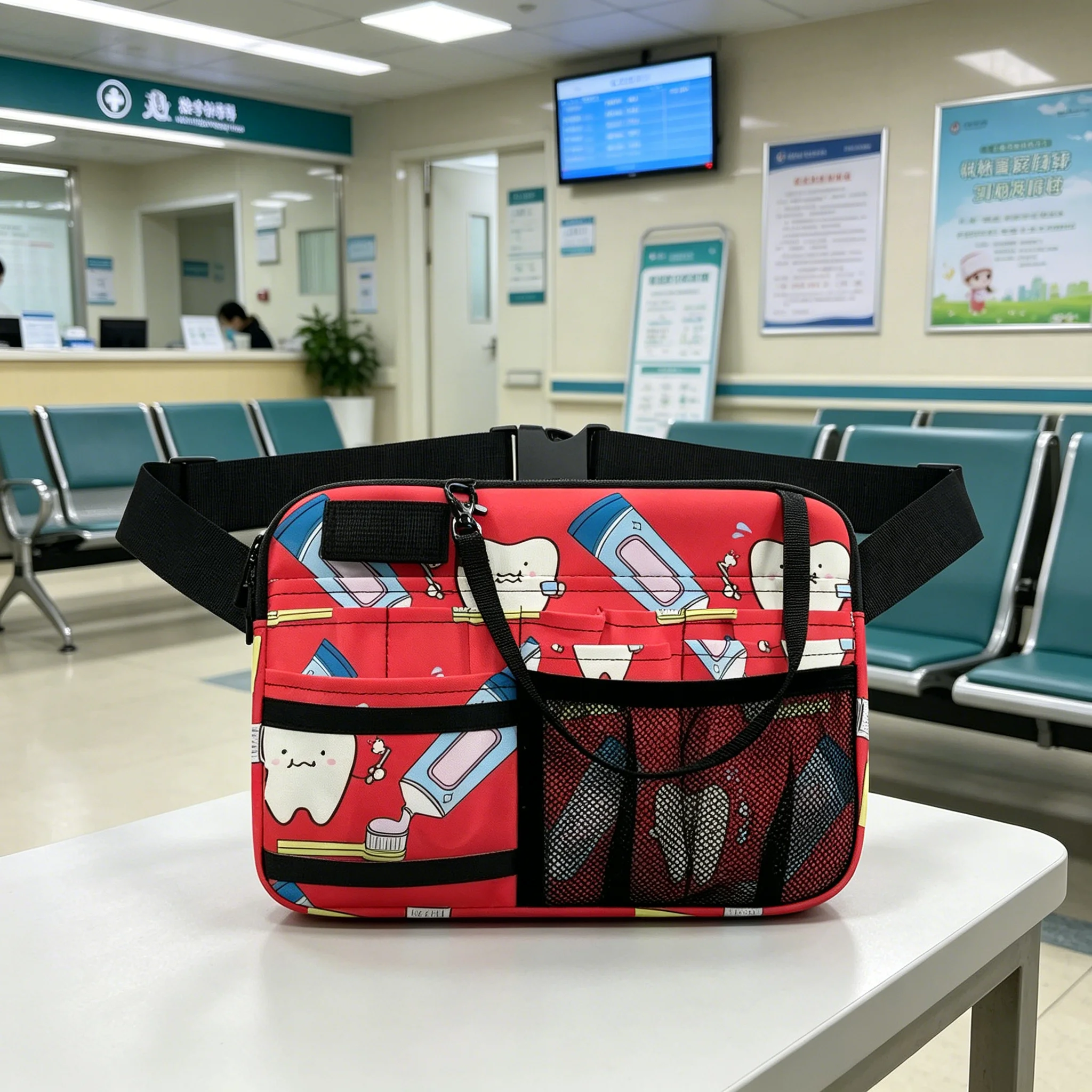 

Cute Cartoon Tooth Print Waist Bag - Multi-Pocket Utility Pouch with Mesh, Adjustable Strap, Dentist Gift