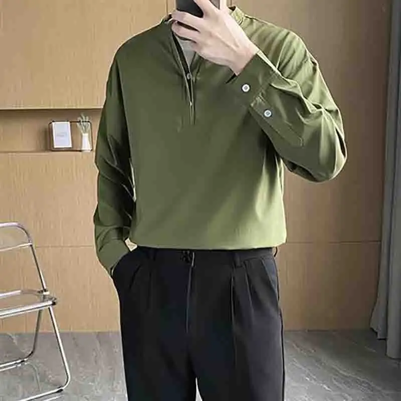Summer Long Sleeve Men Stand Collar T Shirts All-match Fashion Business Casual Harajuku Oversized Clothes Black White Gray Green