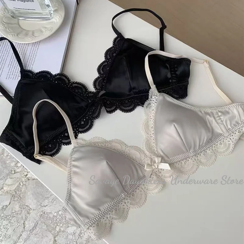 Soutien-gorge triangle en dentelle avec nœud, style coréen, pour petite poitrine, en satin, doux, respirant, confortable et sexy pour femme