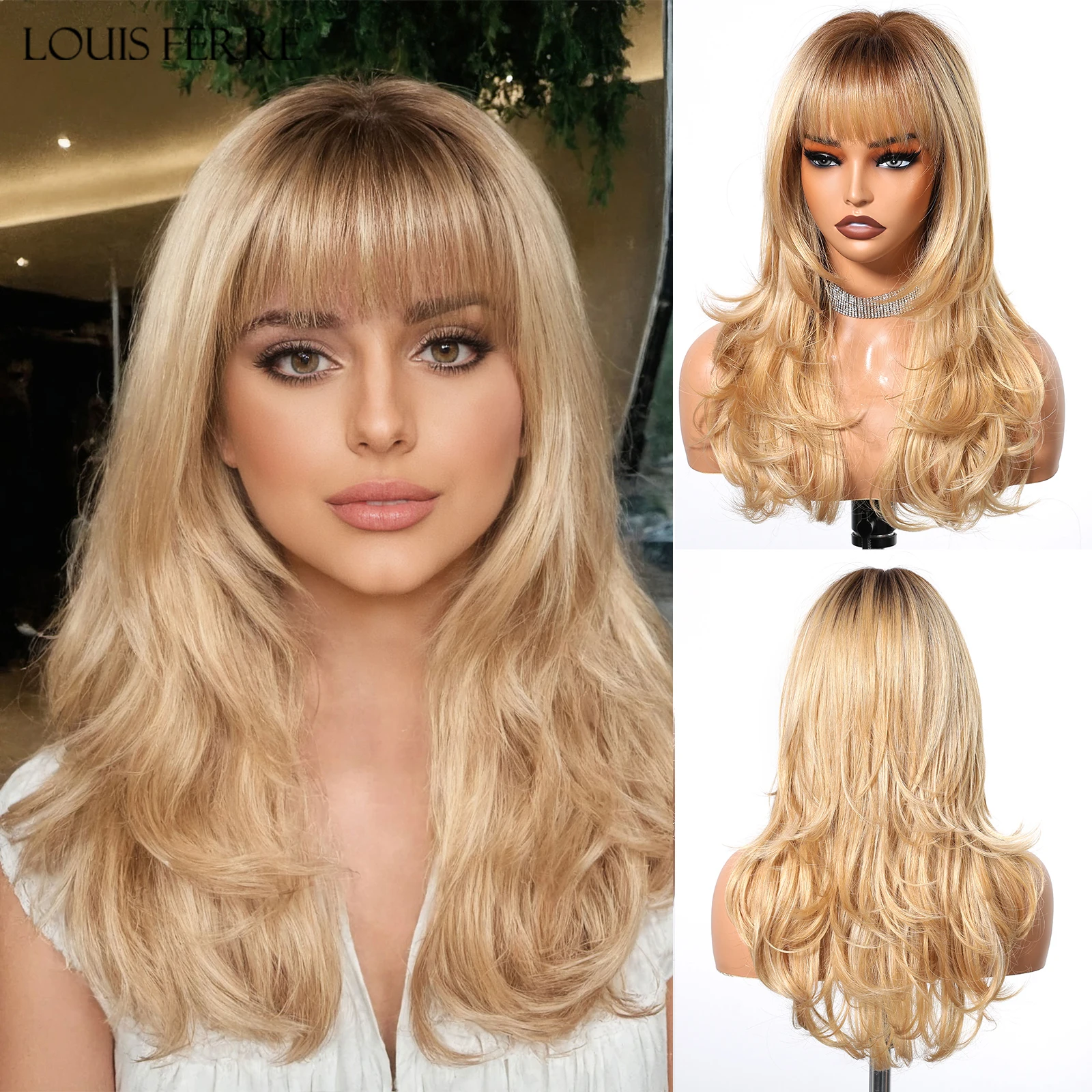 LOUIS FERRE Curly Synthetic Wigs for Women Brown Golden Ombre Long Straight Hair Cosplay Wigs With Bangs Party Natural Fake Wig