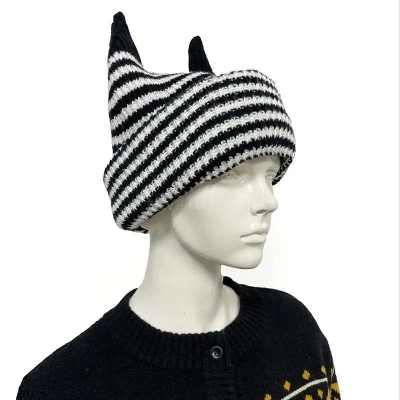 High Elastic Windproof Winter Hat Knitted Stripe Pattern Hat for Women Men Keep Ear Warm Hat Adult Knit Balaclava Hat