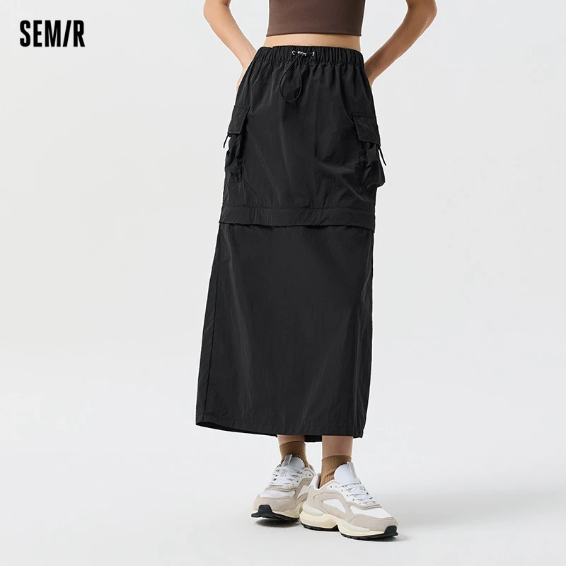 Semir-falda con cintura elástica para mujer, ropa de trabajo a prueba de tres, holgada, recta, con abertura y textura, Primavera, 2024