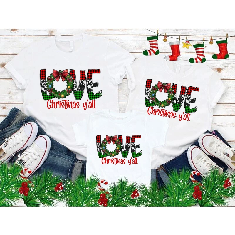 

Love Christmas Y'all Cute Family Matching Outfits White T-shirt Basic Tshirt Xmas Gift Party Clothes Family Set