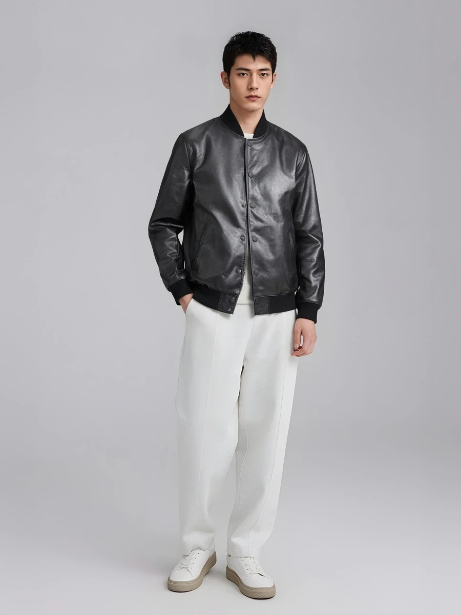 Autumn Winter Men's Genuine Leather Jacket Stand Collar Long Sleeve Baseball Coat Pure Top Layer Cowhide Warm Casual Coat