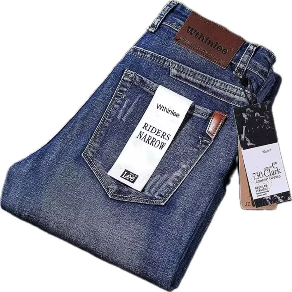 Calça jeans masculina clássica empresarial casual, de alta qualidade, retrô, fina, estiramento, de algodão, bordada