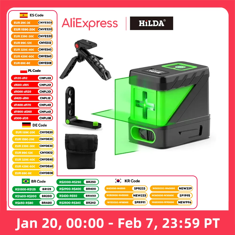 HILDA 2 Lines Laser Level Self Levelling Green Beams Laser Horizontal Vertical Cross Line Mini Laser Level