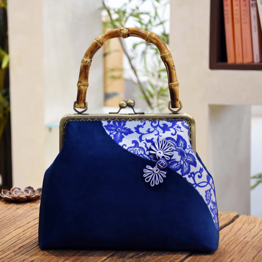 Classic Blue White Porcelain Embroidery Bag Chinese Style Handmade Bag Mother Lock Bags Tote Women's Handbags Purses Chain Strap