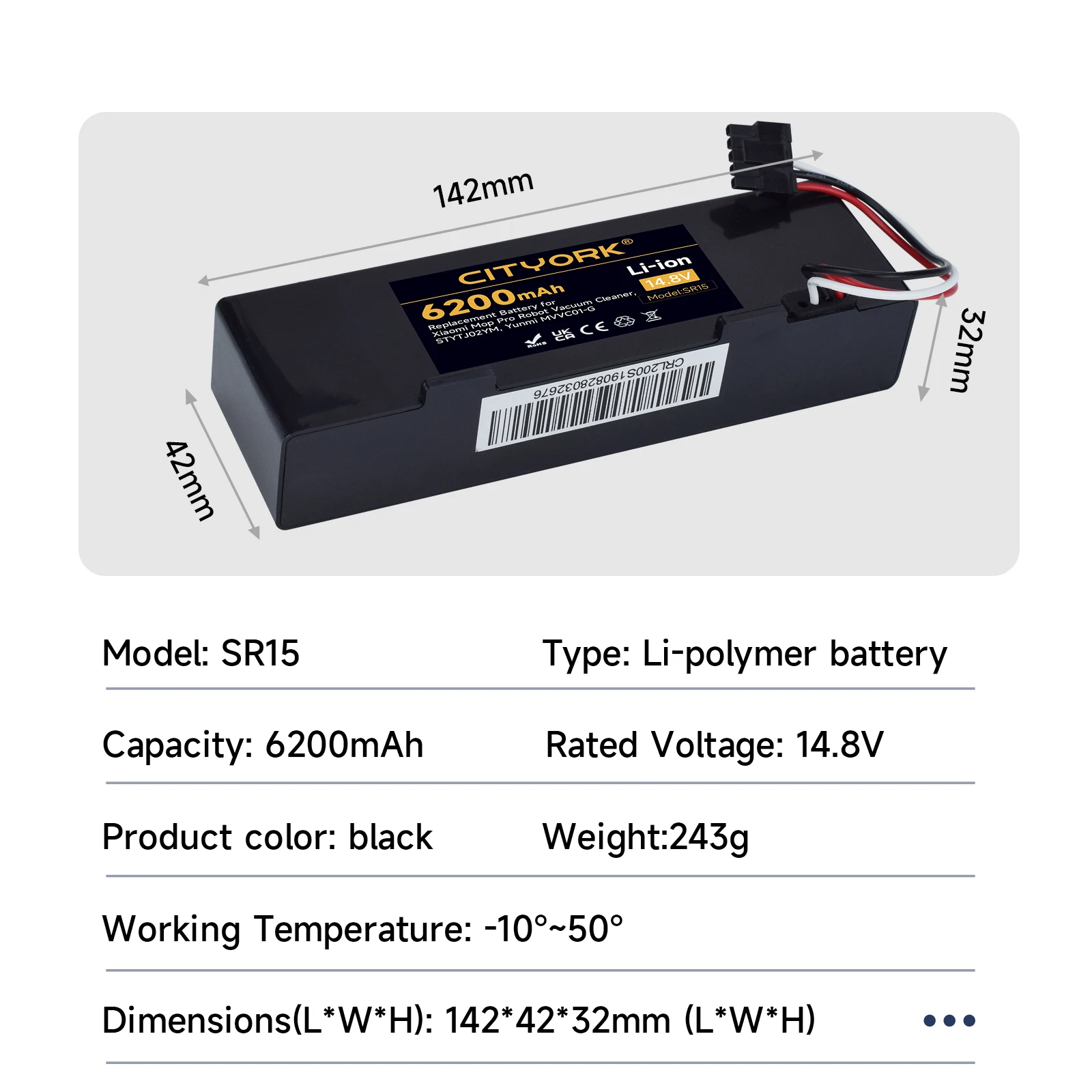 CITYORK 14,8 В 6200 мАч робот-пылесос литий-ионный аккумулятор для STYTJ02YM Xiaomi Mop Pro Yunmi MVVO1-JG Haier JX37