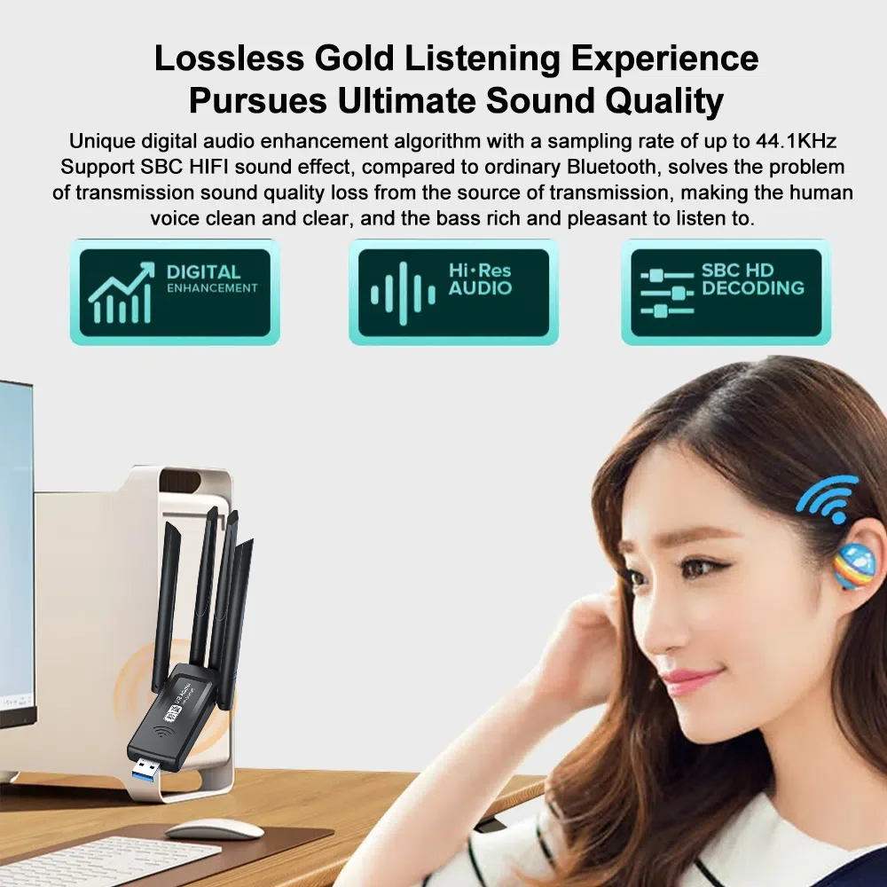 بطاقة شبكة WiFi 1300Mbps 2.4G/5Ghz بلوتوث 5.4 واي فاي دونغل AX1300 USB 4-هوائي استقبال لاسلكي للكمبيوتر/الكمبيوتر المحمول سائق مجاني