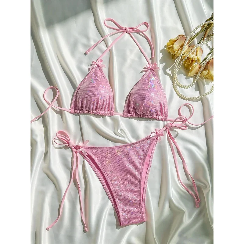 Shiny Pink Bikini Extrem String Backless Swimsuit Push Up Kawaii Bowknot Vacation Swimwear Women Micro Tangas Beach Bathing Suit