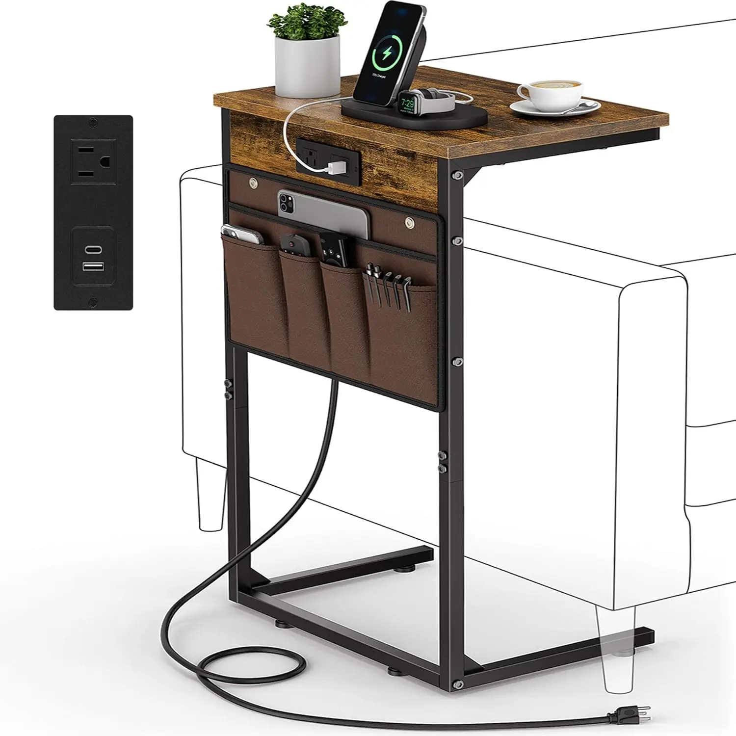 

C-образный торцевой столик с зарядной станцией, диван-стол высотой 28 футов для гостиной, спальни, подставка под телевизор с выдвижным под диваном