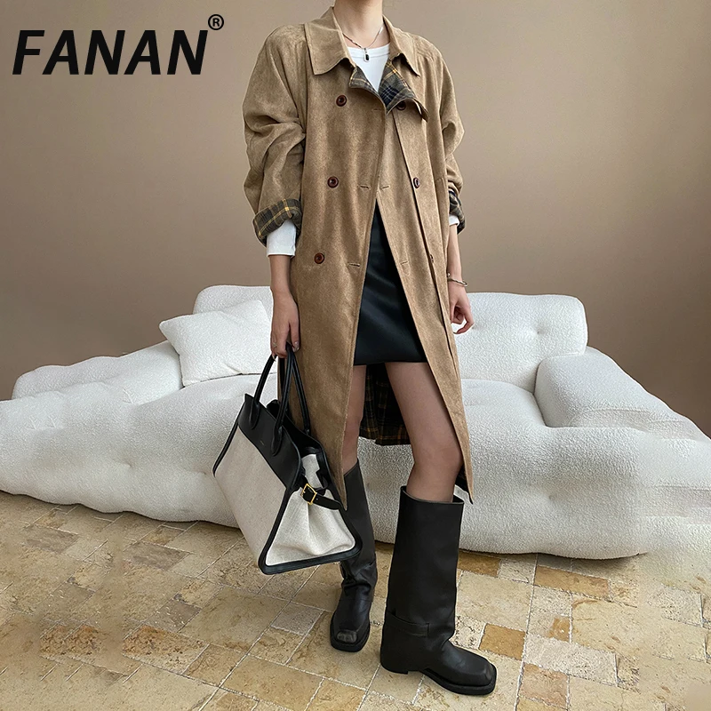 

FANAN Vintage Plaid Spliced Trench Women's Lapel Belt Gathered Waist Long Windbreaker Wear On Both Sides Coats 2025 Autumn New