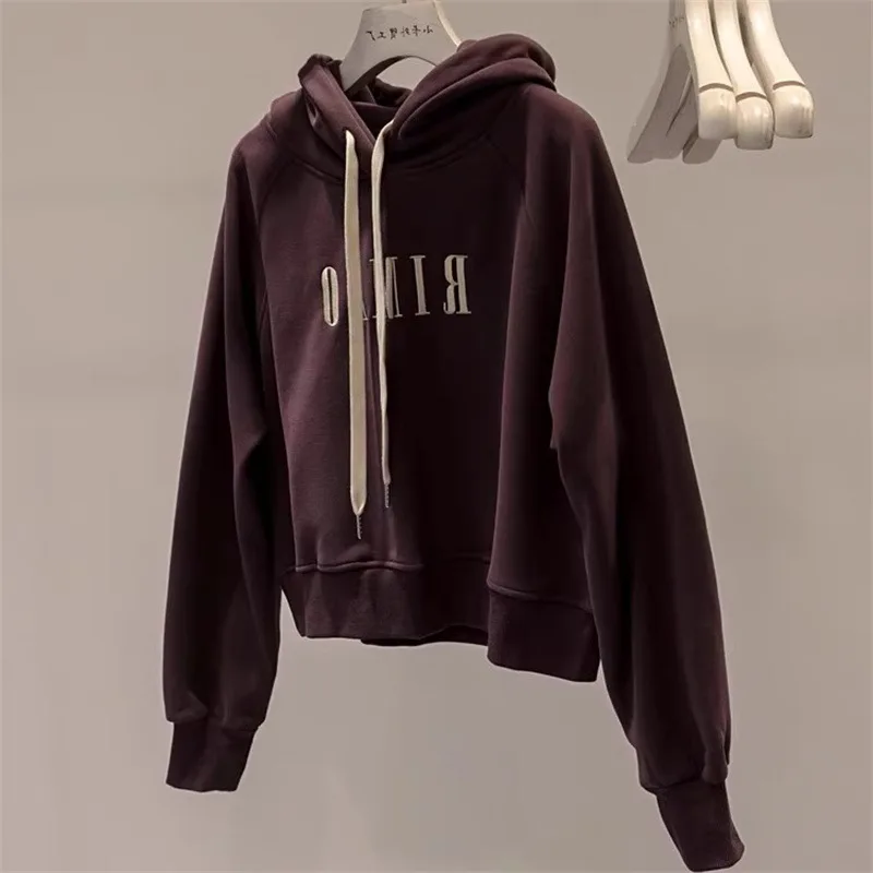 Felpa corta con cappuccio stile americano per donna Top sottile e ampio con copertura superiore spessa Giacca spessa Abbigliamento femminile
