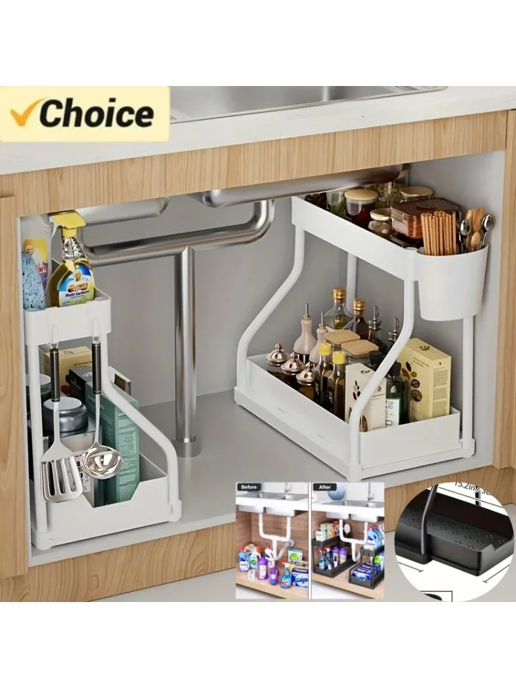 Ruimtebesparende 2-laags onder gootsteenorganizer, uittrekbare opbergdoos, duurzame keuken, badkamer, essentiële lade-organizer met grote capaciteit - afbeelding 2